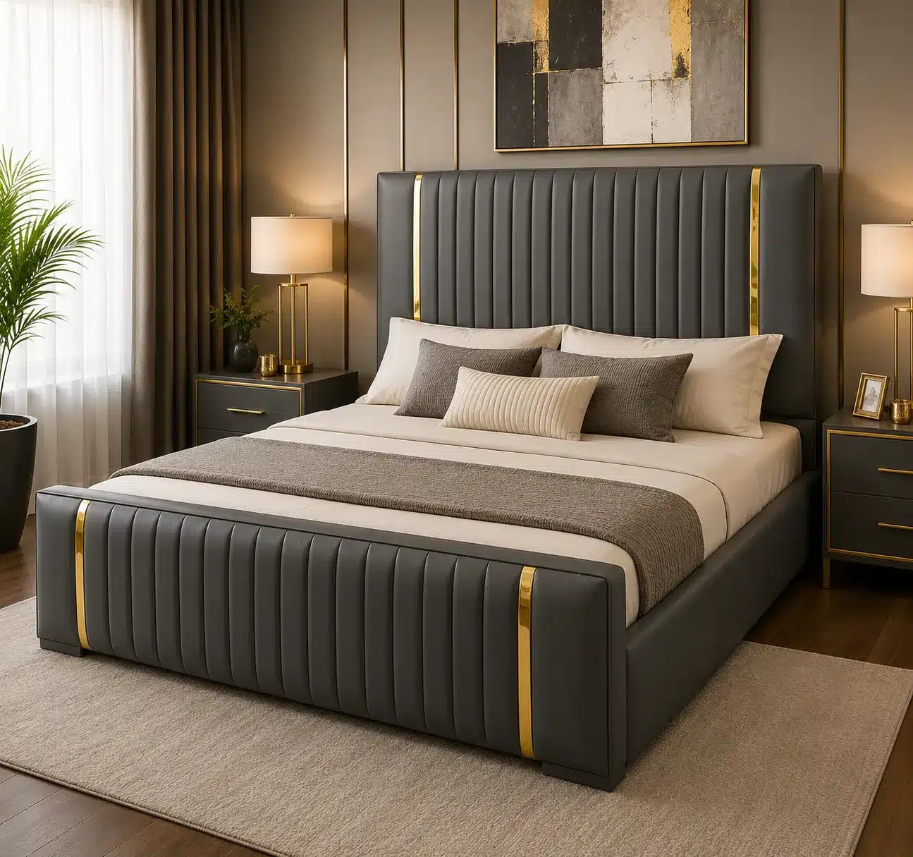 Gold Trim Panel Bed – Charcoal | King (6x6)
