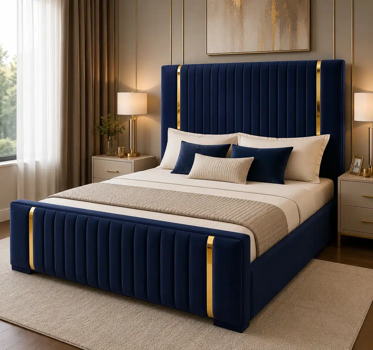 Gold Trim Panel Bed – Navy Blue | King (6x6)