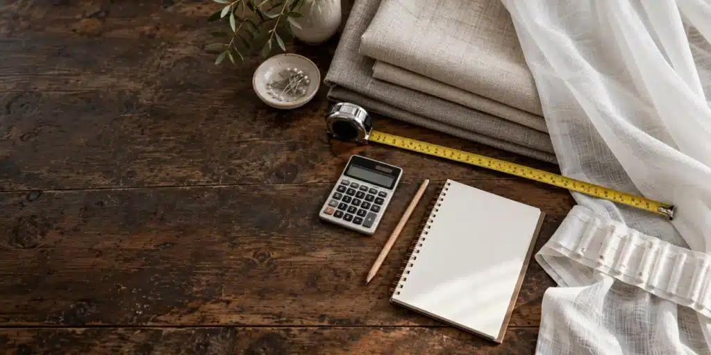 Curtain fabric, sheer, tape measure and calculator for fabric planning