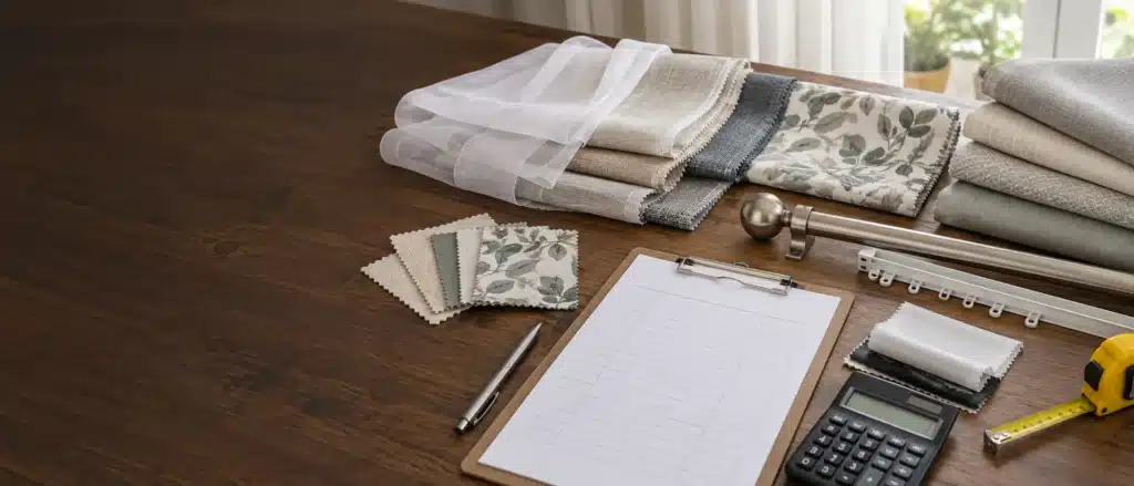 Curtain fabric, hardware samples and calculator for an itemised quotation
